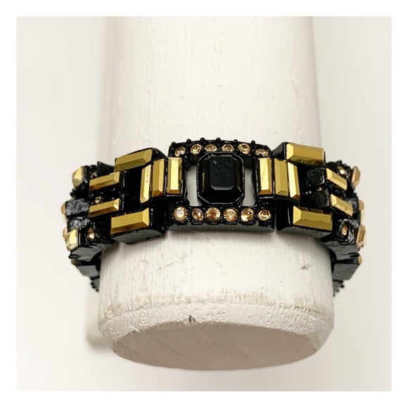 Black enamel and gold and champagne rhinestone art deco style bracelet - Picture 2 of 13